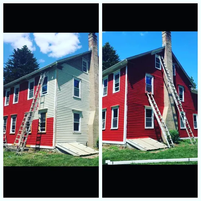 Side-by-side view of an apartment building with ladders and scaffolding during exterior repairs