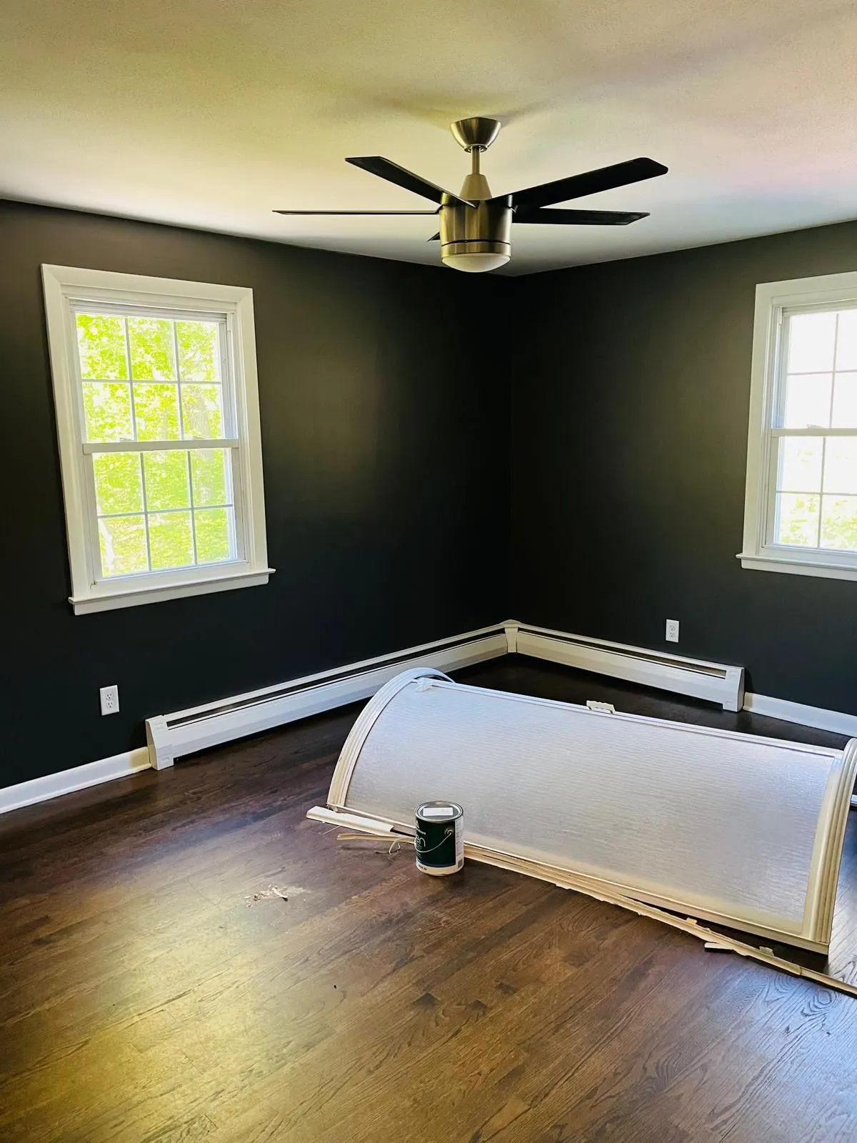 Bedroom black accent walls white trim