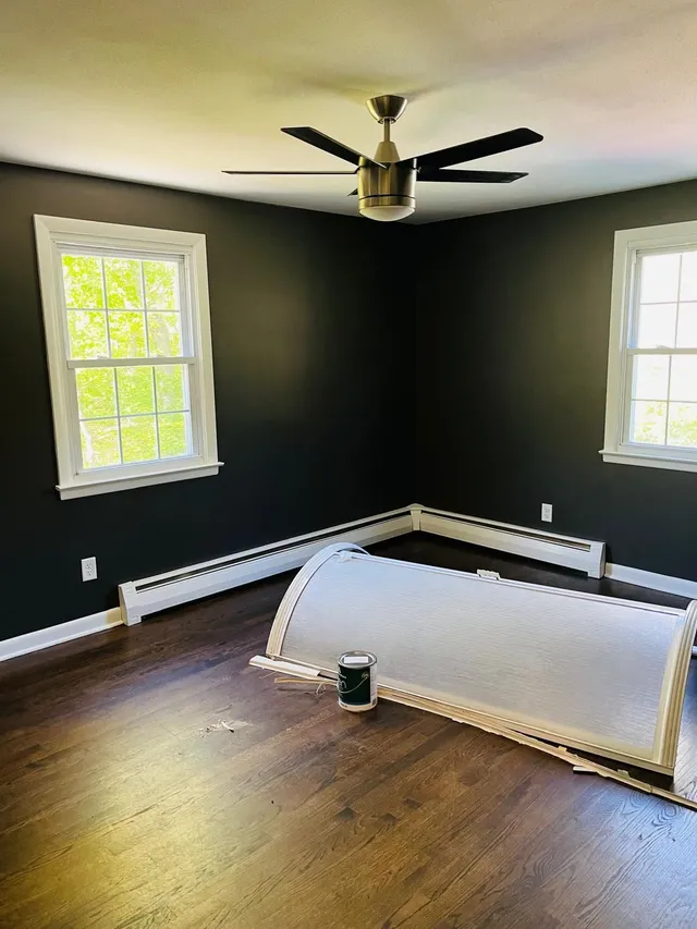 Bedroom black accent walls white trim