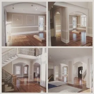 Collage of a bright, empty home interior with hardwood floors, arches, staircase, and living rooms