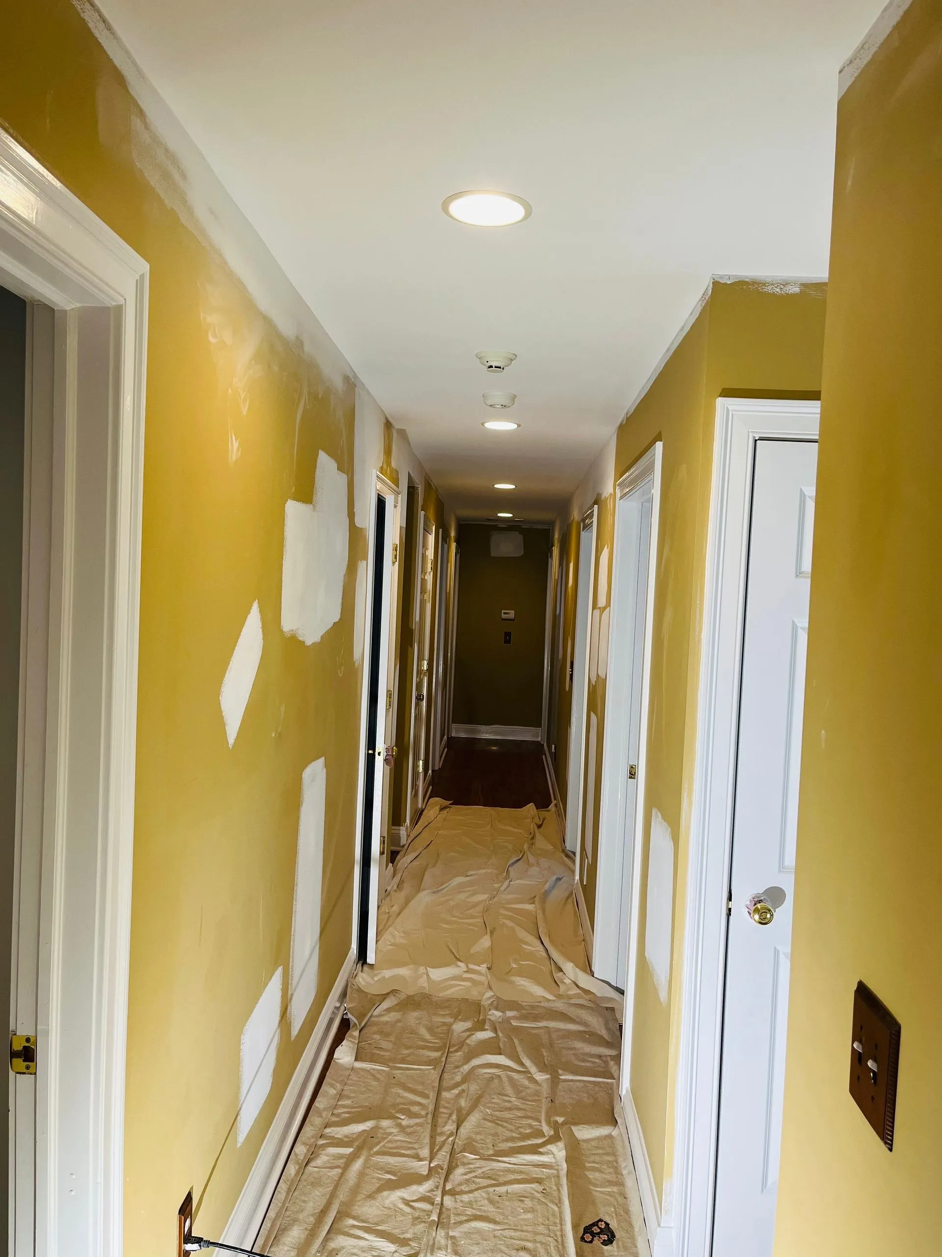 Hallway gold walls primer patches drop cloths
