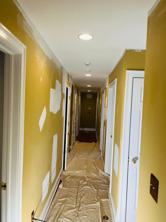 Hallway gold walls primer patches drop cloths