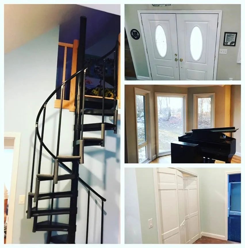 Collage of home interior accessibility features: spiral staircase, wide front door, bay window, and closet doors