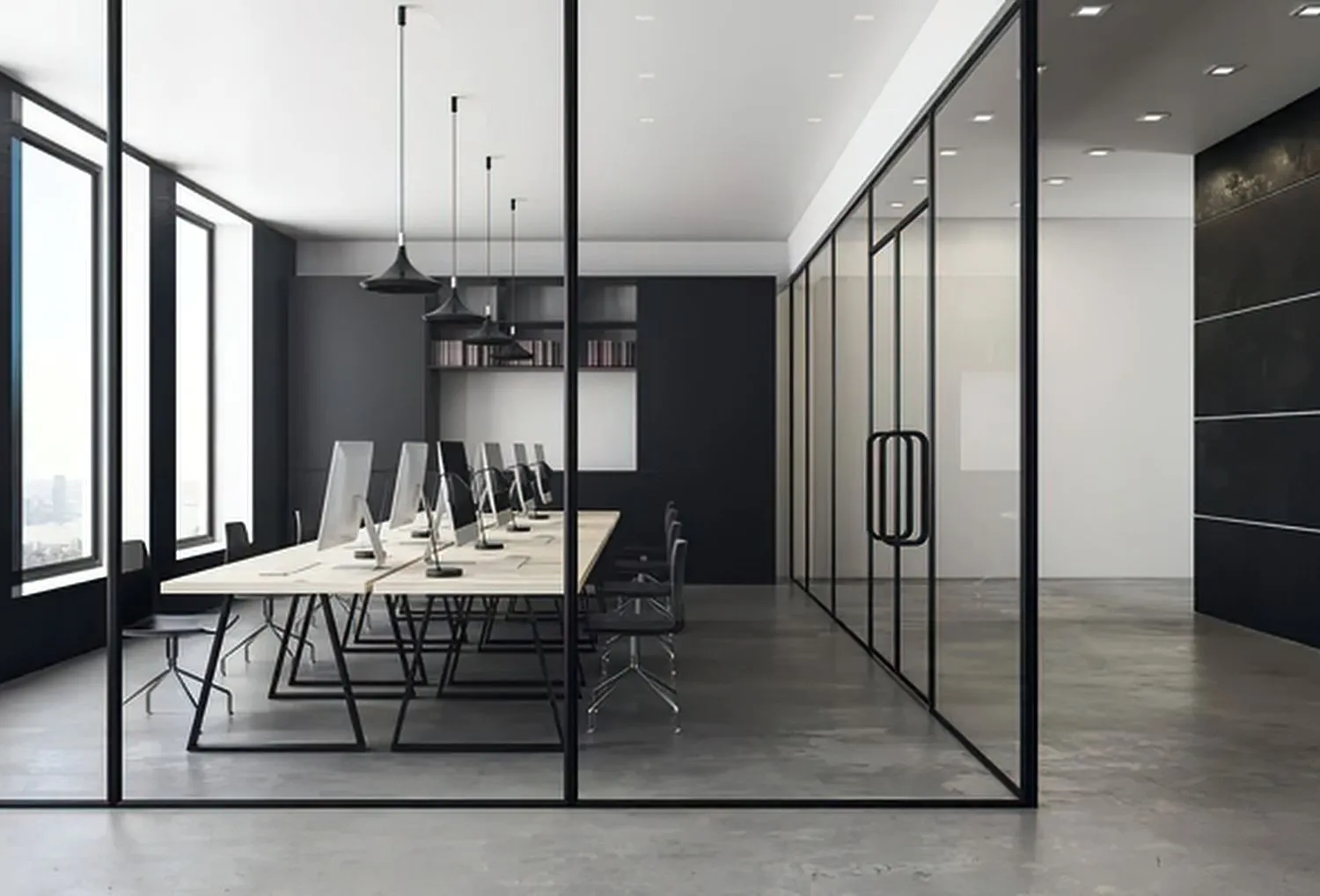 Modern glass-walled conference room with long table, black chairs, and minimalist decor
