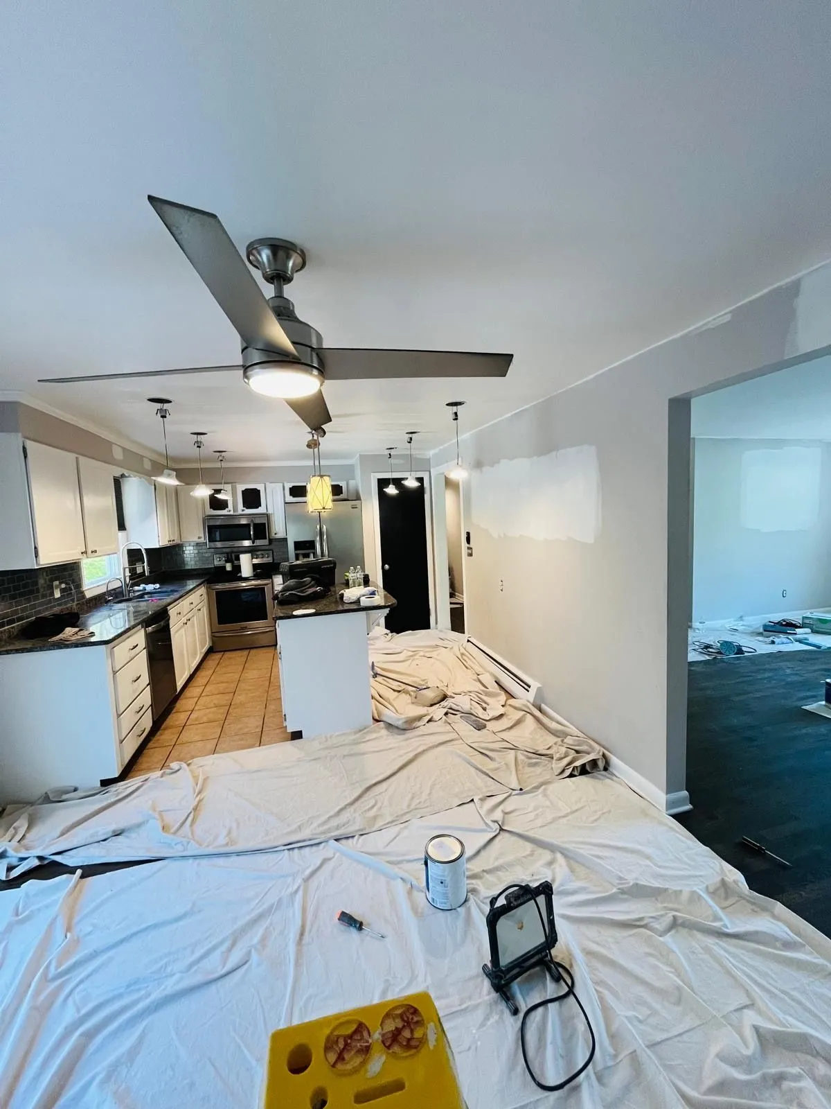 Kitchen dining area drop cloths painting in progress