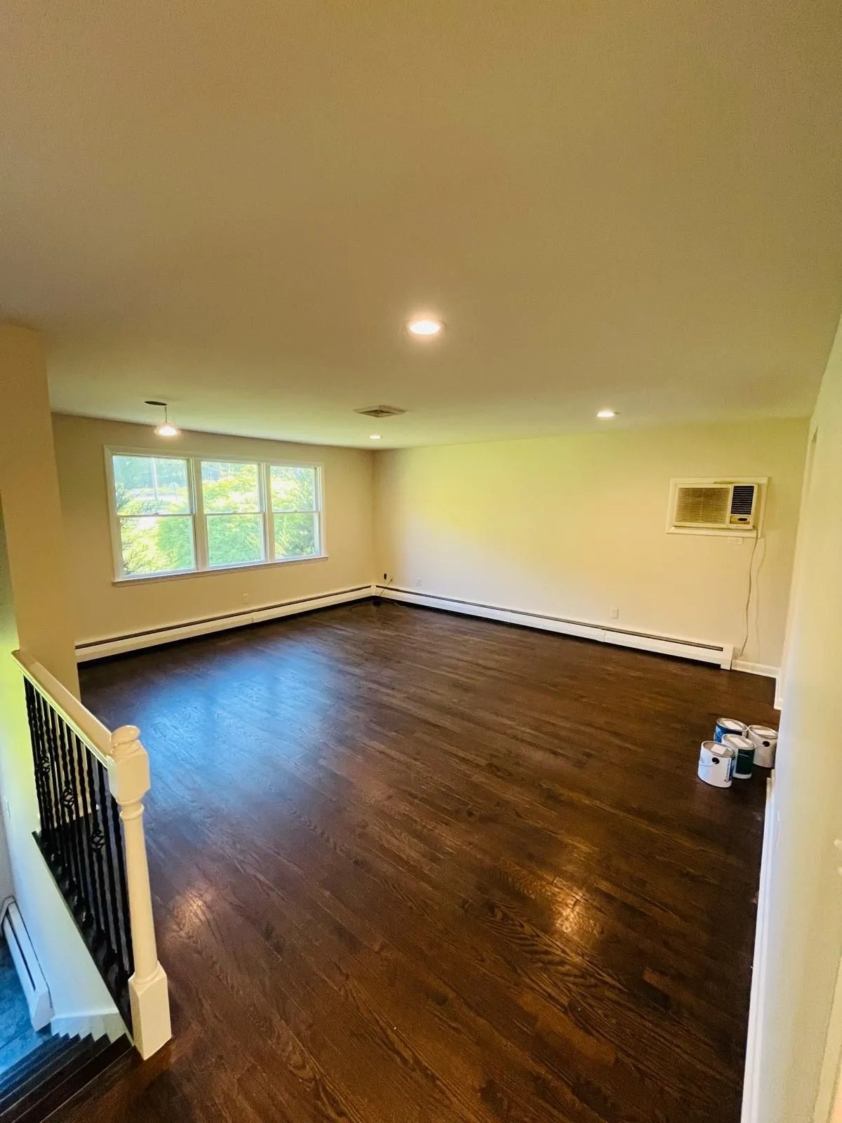Repainted living room white walls hardwood floor
